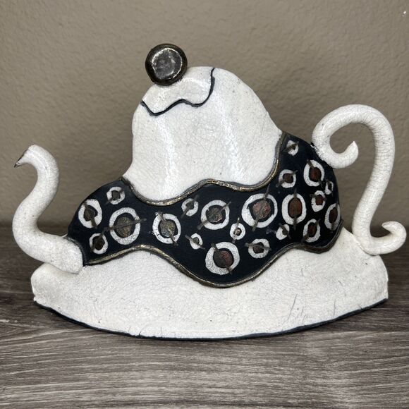 Art Deco Raku Pottery Teapot Figurine Sculpture Signed Lana Whimsical Crazing - Picture 1 of 7